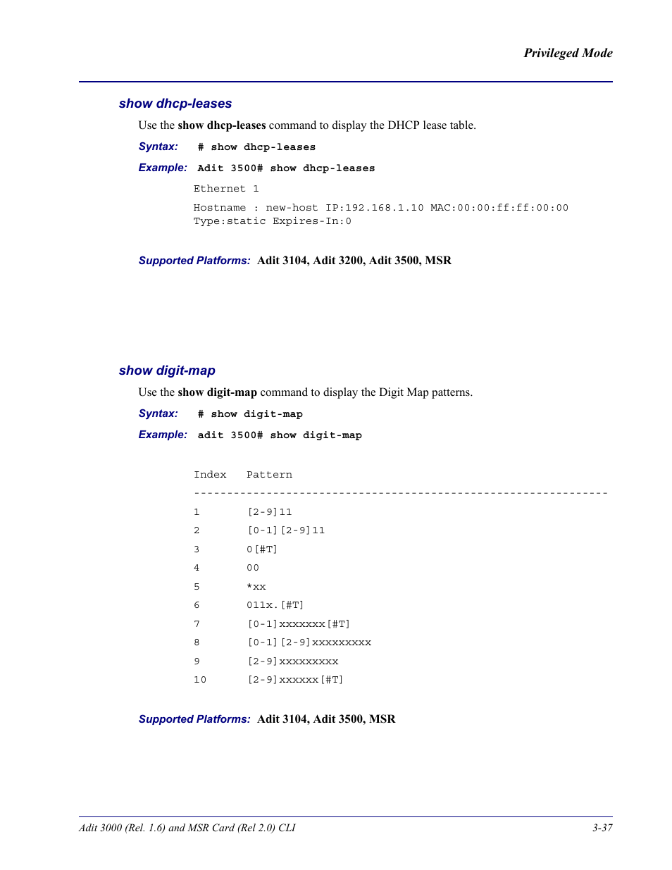 Show dhcp-leases, Show digit-map | Carrier Access Adit 3000 Series and Multi-Service Router (MSR) Card none User Manual | Page 95 / 496