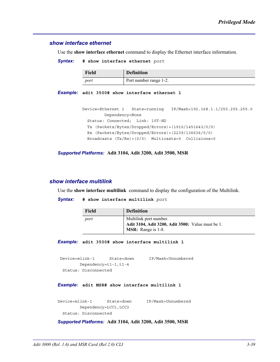 Show interface ethernet, Show interface multilink | Carrier Access Adit 3000 Series and Multi-Service Router (MSR) Card none User Manual | Page 97 / 496