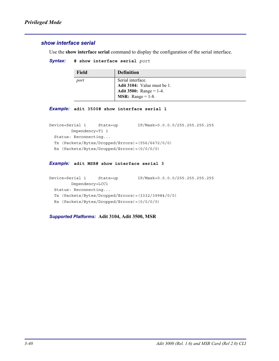Show interface serial | Carrier Access Adit 3000 Series and Multi-Service Router (MSR) Card none User Manual | Page 98 / 496