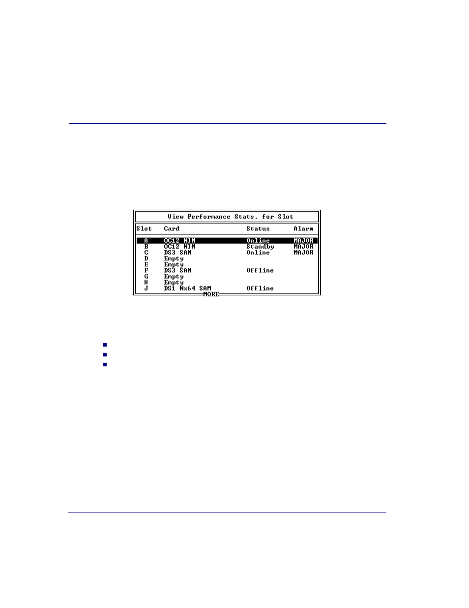 Alarm overview, Slot statistics for nim/sam cards | Carrier Access Broadmore 1750 User Manual | Page 192 / 420