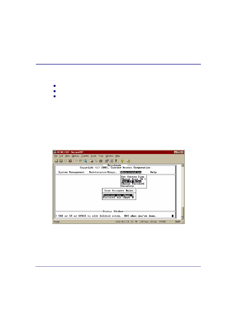 Managing users and audit trails, User id rules, Managing users and audit trails -10 | User id rules -10 | Carrier Access Broadmore 1750 User Manual | Page 254 / 420