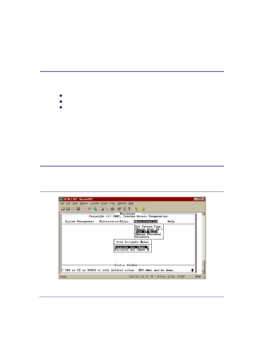 User administration and audit trails, User id rules, User administration and audit trails -26 | User id rules -26 | Carrier Access Broadmore 1750 User Manual | Page 292 / 420