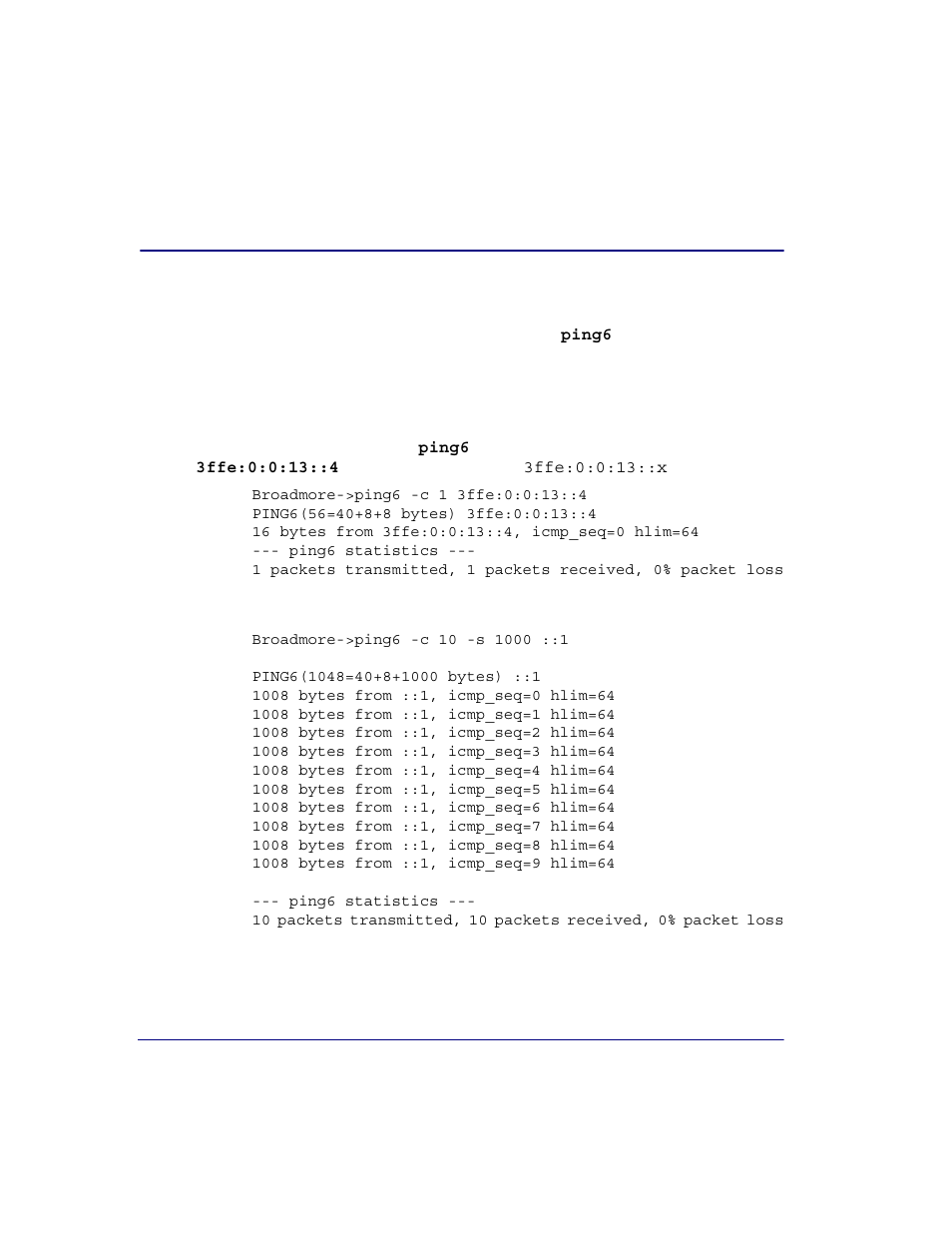 Pinging over ipv6, Pinging an ipv6 host, Ping the loopback interface address | Carrier Access Broadmore 1750 User Manual | Page 390 / 420