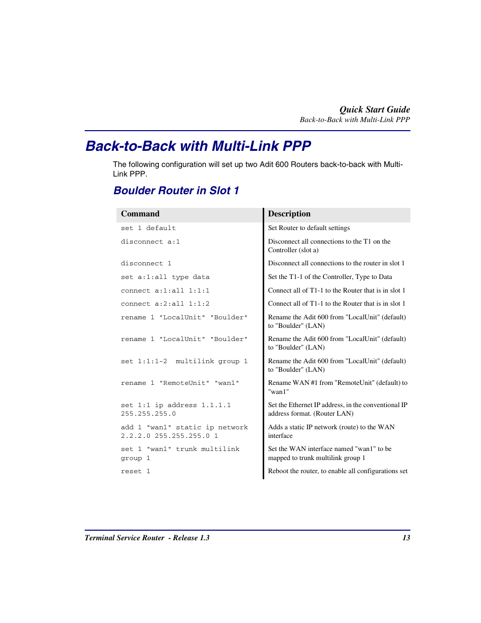 Back-to-back with multi-link ppp, Boulder router in slot 1 | Carrier Access Terminal Server Router User Manual | Page 13 / 16