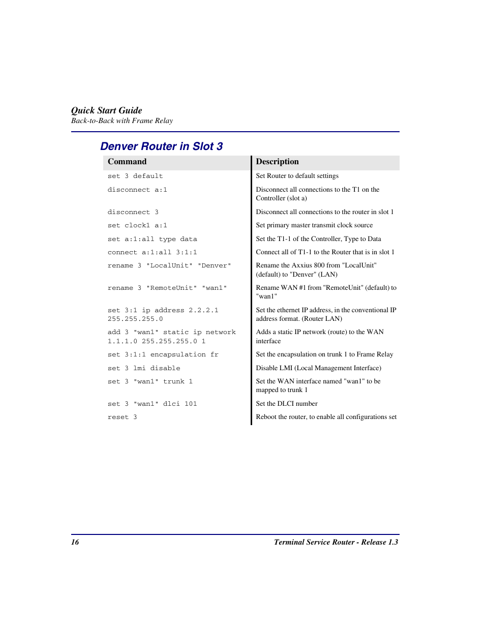 Denver router in slot 3, Quick start guide | Carrier Access Terminal Server Router User Manual | Page 16 / 16