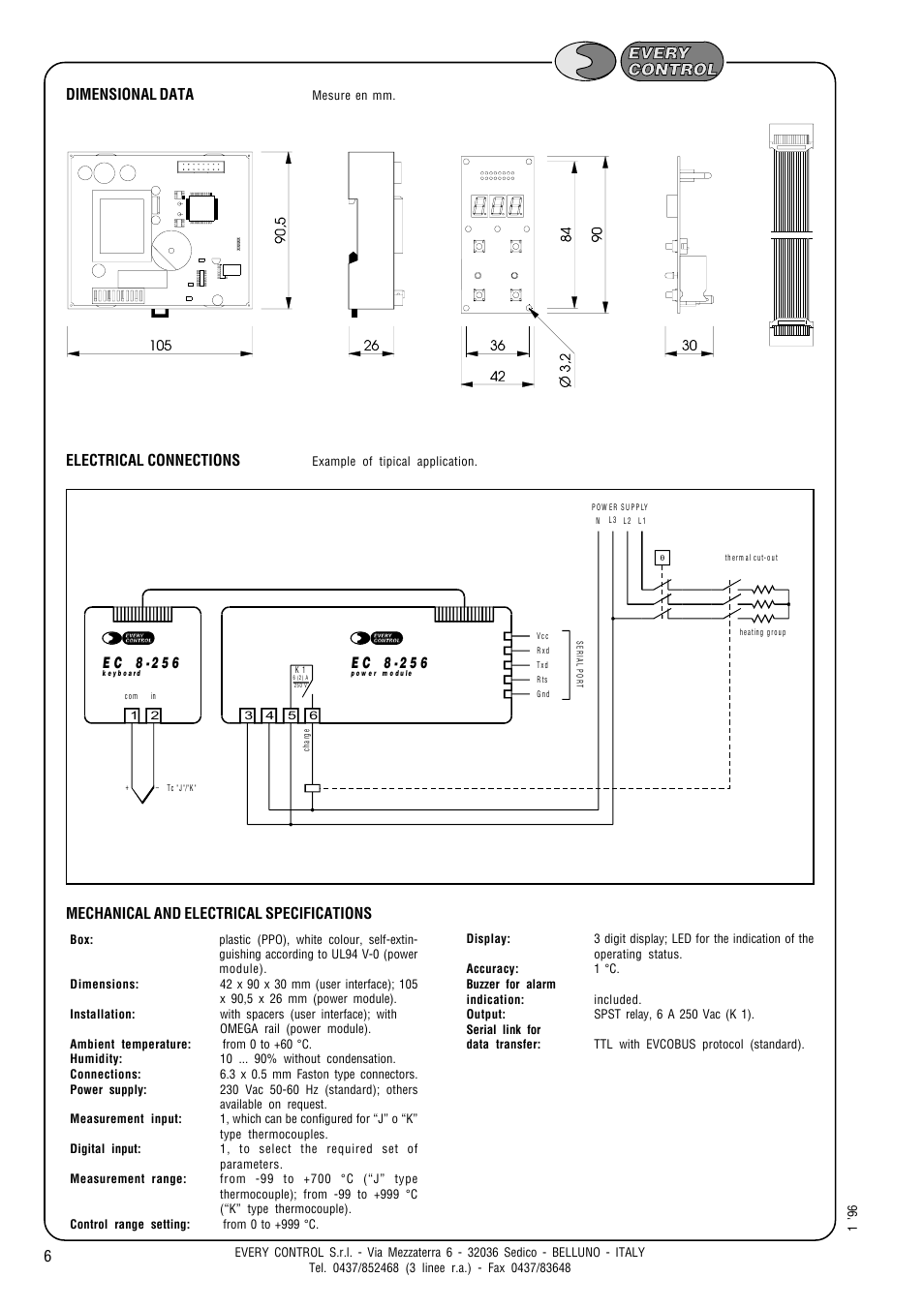 Mechanical and electrical specifications, Electrical connections, Dimensional data | E c 8 -2 5 6 | EVCO ECK256J220S001 User Manual | Page 6 / 6