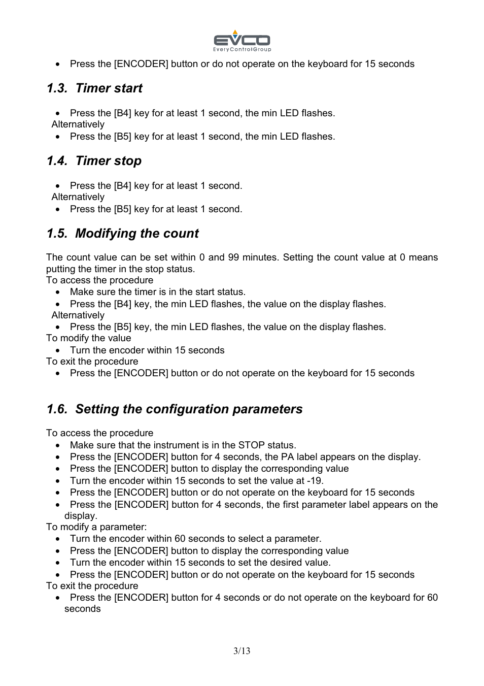 Timer start, Timer stop, Modifying the count | Setting the configuration parameters | EVCO EVC30S40J7XXX09 User Manual | Page 3 / 13