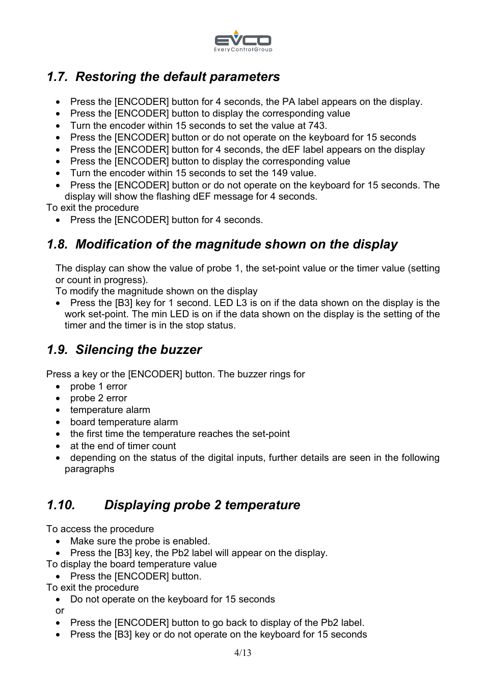 Restoring the default parameters, Modification of the magnitude shown on the display, Silencing the buzzer | Displaying probe 2 temperature | EVCO EVC30S40J7XXX09 User Manual | Page 4 / 13