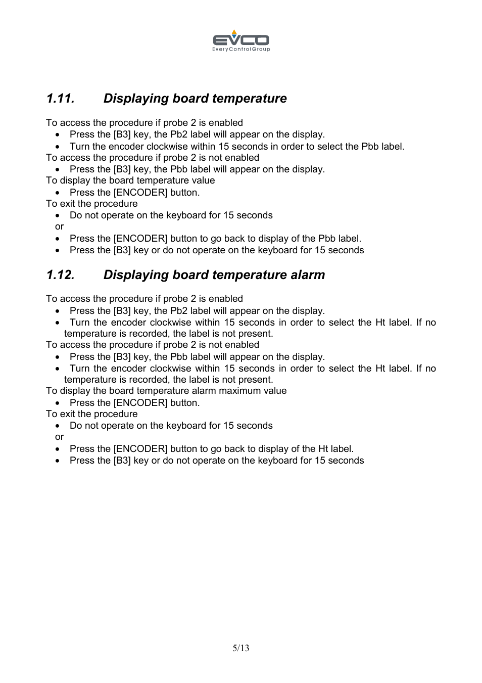 Displaying board temperature, Displaying board temperature alarm | EVCO EVC30S40J7XXX09 User Manual | Page 5 / 13