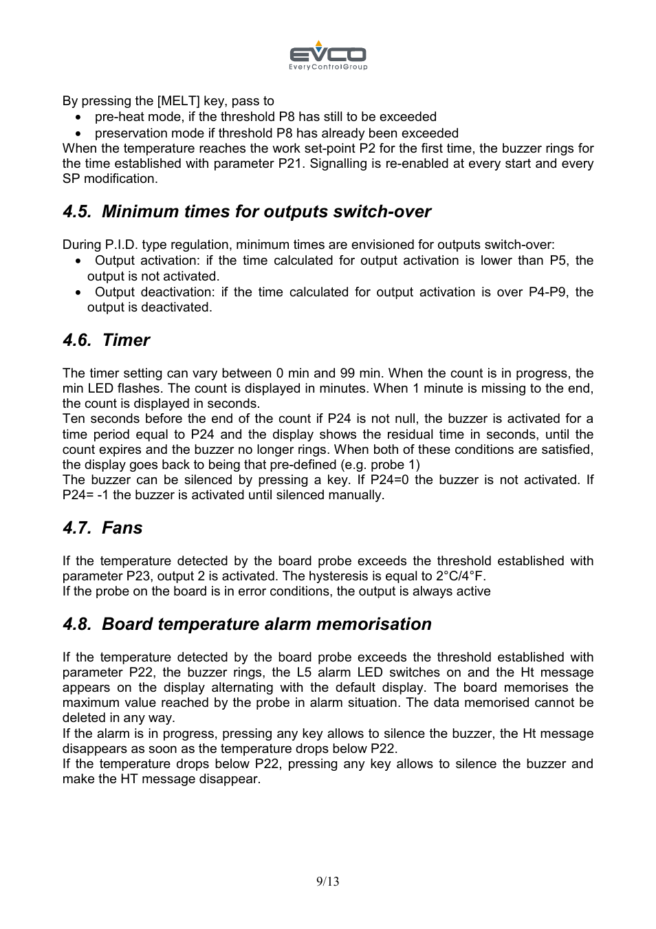 Minimum times for outputs switch-over, Timer, Fans | EVCO EVC30S40J7XXX09 User Manual | Page 9 / 13