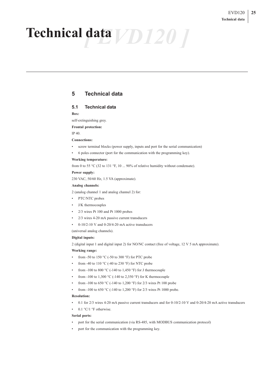 Evd120, Technical data, 5technical data | EVCO EVD120 User Manual | Page 25 / 36