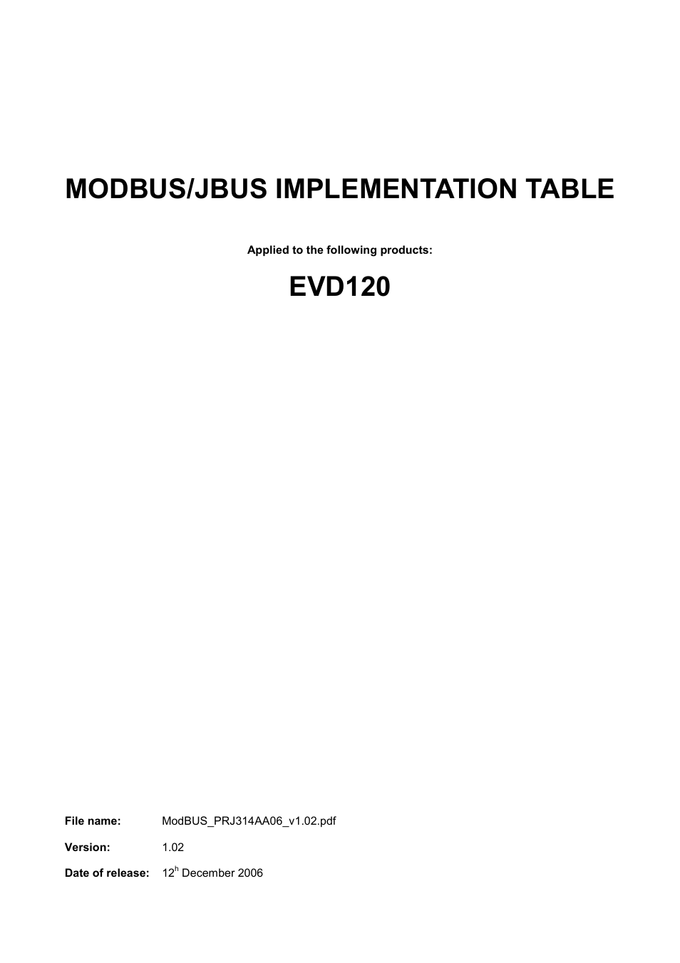 Modbus/jbus implementation table, Evd120 | EVCO EVD120 User Manual | Page 29 / 36