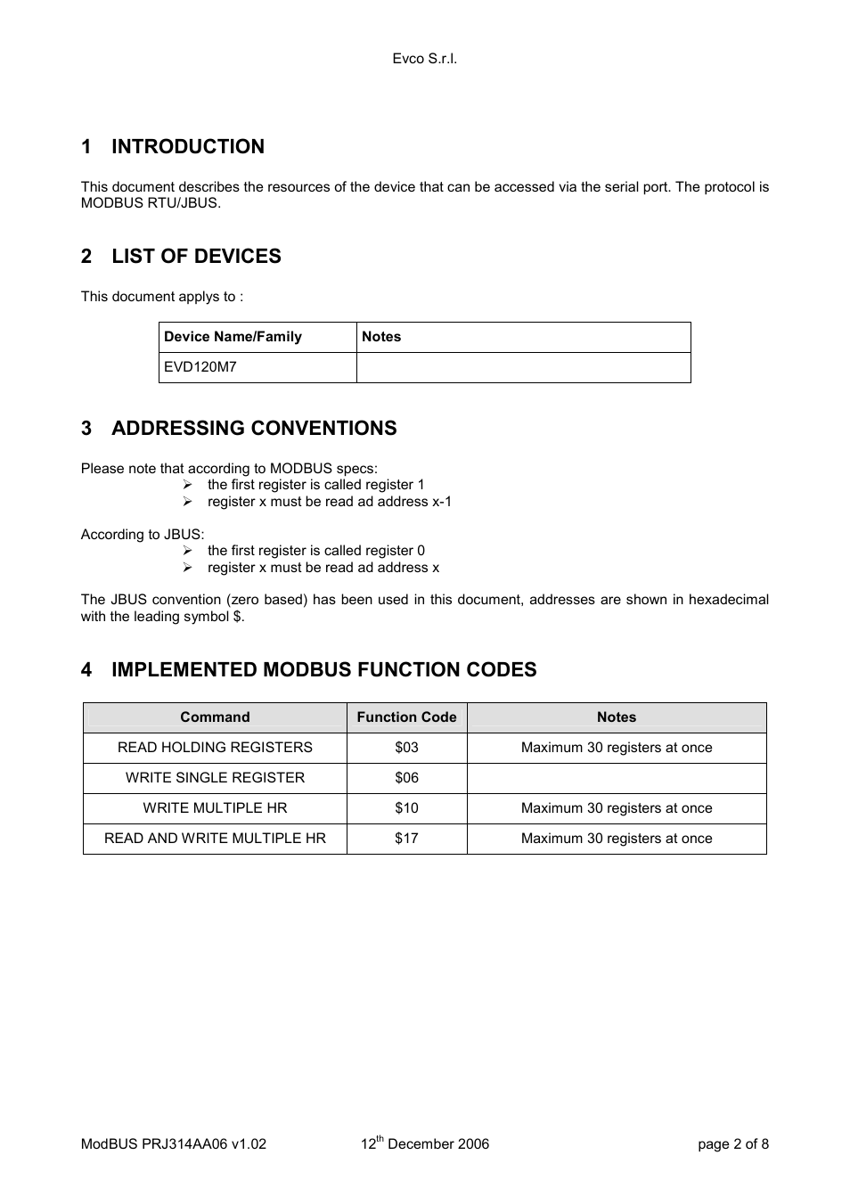 1 introduction, 2 list of devices, 3 addressing conventions | 4 implemented modbus function codes | EVCO EVD120 User Manual | Page 30 / 36