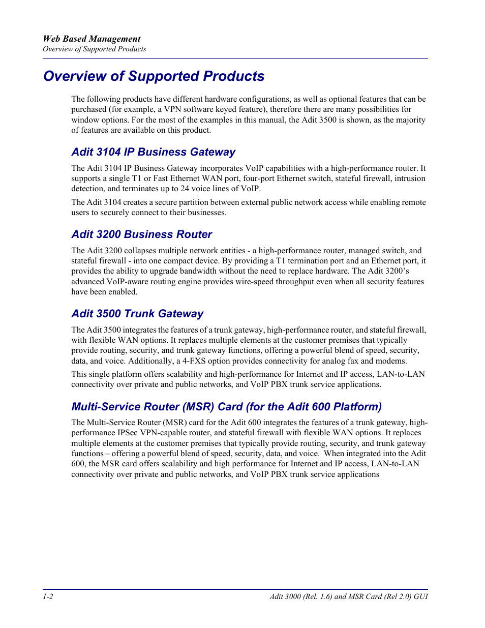 Overview of supported products, Adit 3104 ip business gateway, Adit 3200 business router | Adit 3500 trunk gateway, Overview of supported products -2 | Carrier Access Multi-Service Router (MSR) Card MSR/Adit 3K GUI User Manual | Page 10 / 262