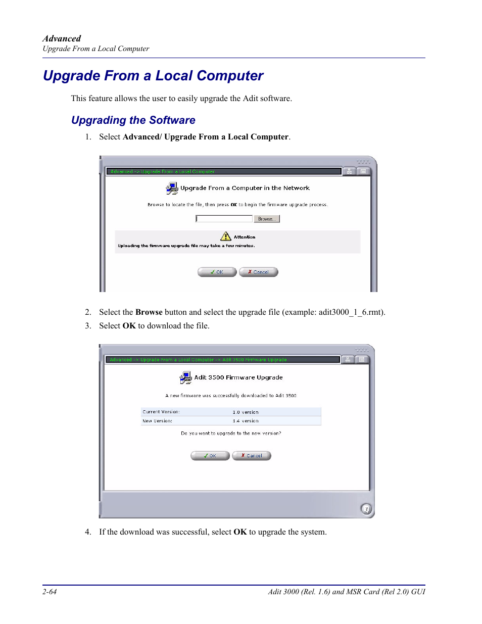 Upgrade from a local computer, Upgrading the software, Upgrade from a local computer -64 | Upgrading the software -64 | Carrier Access Multi-Service Router (MSR) Card MSR/Adit 3K GUI User Manual | Page 100 / 262