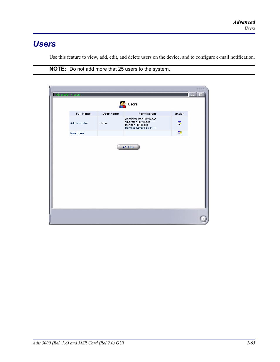Users, Users -65 | Carrier Access Multi-Service Router (MSR) Card MSR/Adit 3K GUI User Manual | Page 101 / 262