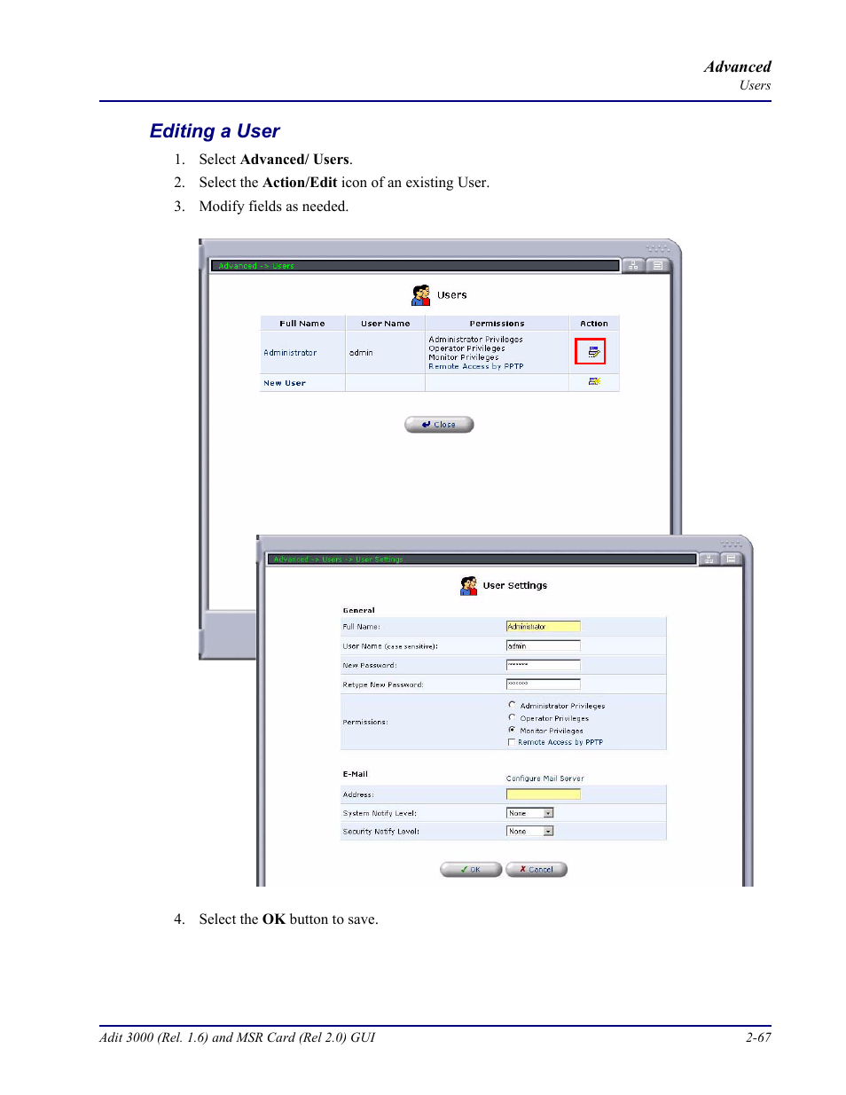 Editing a user, Editing a user -67 | Carrier Access Multi-Service Router (MSR) Card MSR/Adit 3K GUI User Manual | Page 103 / 262