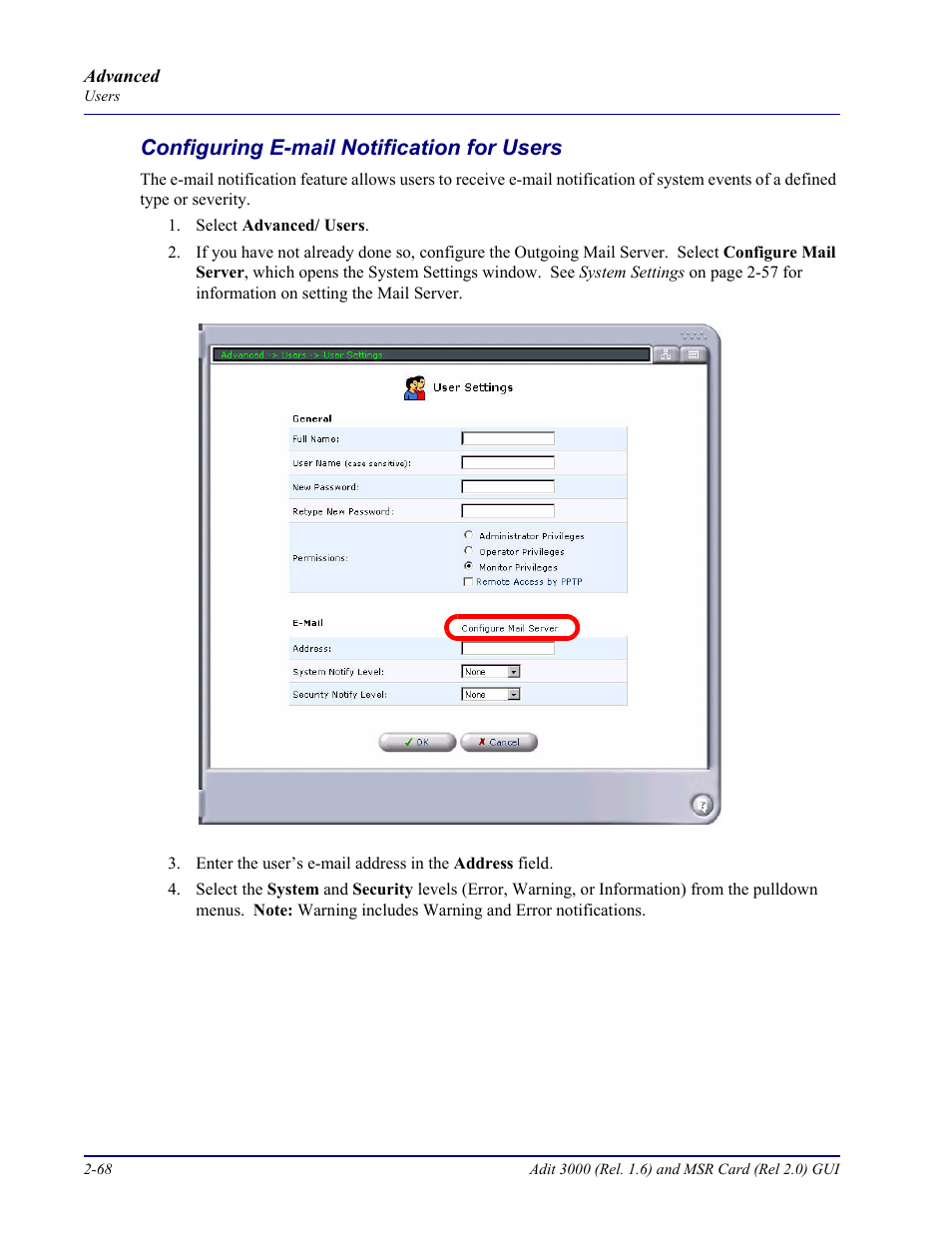 Configuring e-mail notification for users, Configuring e-mail notification for users -68 | Carrier Access Multi-Service Router (MSR) Card MSR/Adit 3K GUI User Manual | Page 104 / 262