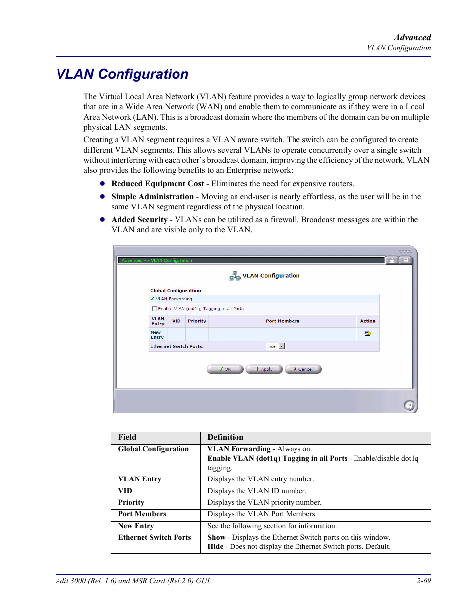 Vlan configuration, Vlan configuration -69 | Carrier Access Multi-Service Router (MSR) Card MSR/Adit 3K GUI User Manual | Page 105 / 262