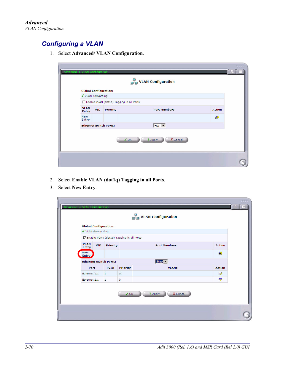 Configuring a vlan, Configuring a vlan -70 | Carrier Access Multi-Service Router (MSR) Card MSR/Adit 3K GUI User Manual | Page 106 / 262