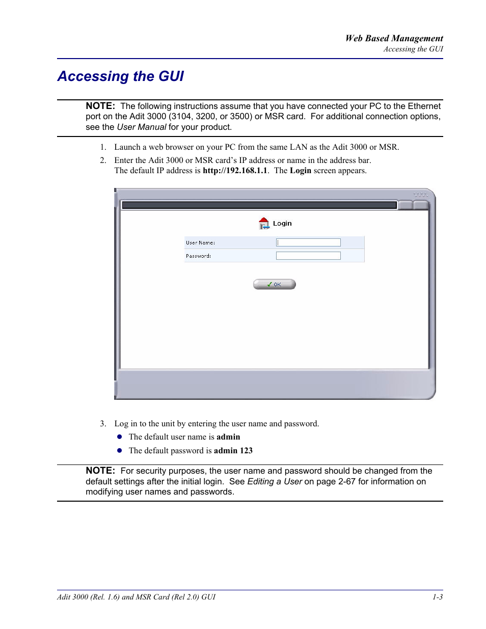 Accessing the gui, Accessing the gui -3 | Carrier Access Multi-Service Router (MSR) Card MSR/Adit 3K GUI User Manual | Page 11 / 262
