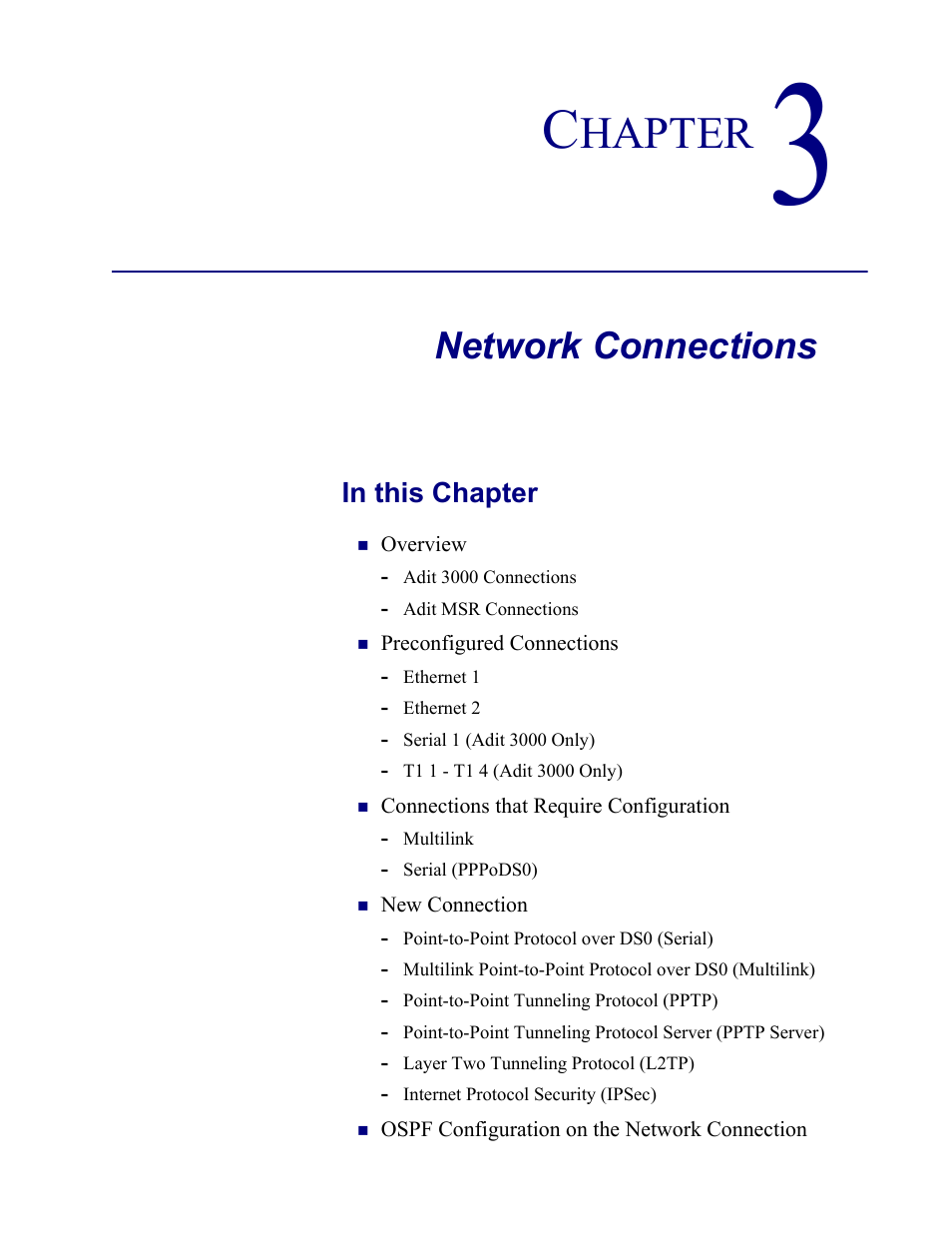 3–network connections, Network connections, Hapter | Carrier Access Multi-Service Router (MSR) Card MSR/Adit 3K GUI User Manual | Page 111 / 262