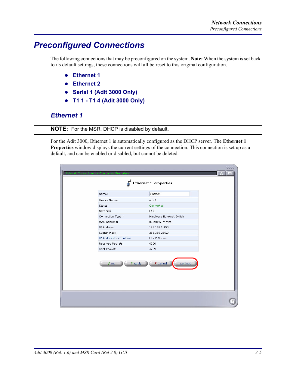 Preconfigured connections, Ethernet 1, Preconfigured connections -5 | Ethernet 1 -5 | Carrier Access Multi-Service Router (MSR) Card MSR/Adit 3K GUI User Manual | Page 115 / 262