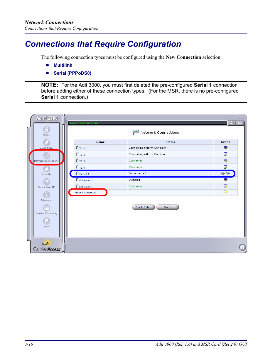 Connections that require configuration, Connections that require configuration -16 | Carrier Access Multi-Service Router (MSR) Card MSR/Adit 3K GUI User Manual | Page 126 / 262