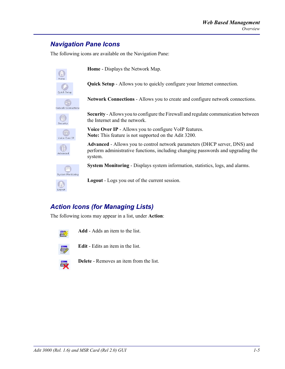 Navigation pane icons, Action icons (for managing lists) | Carrier Access Multi-Service Router (MSR) Card MSR/Adit 3K GUI User Manual | Page 13 / 262