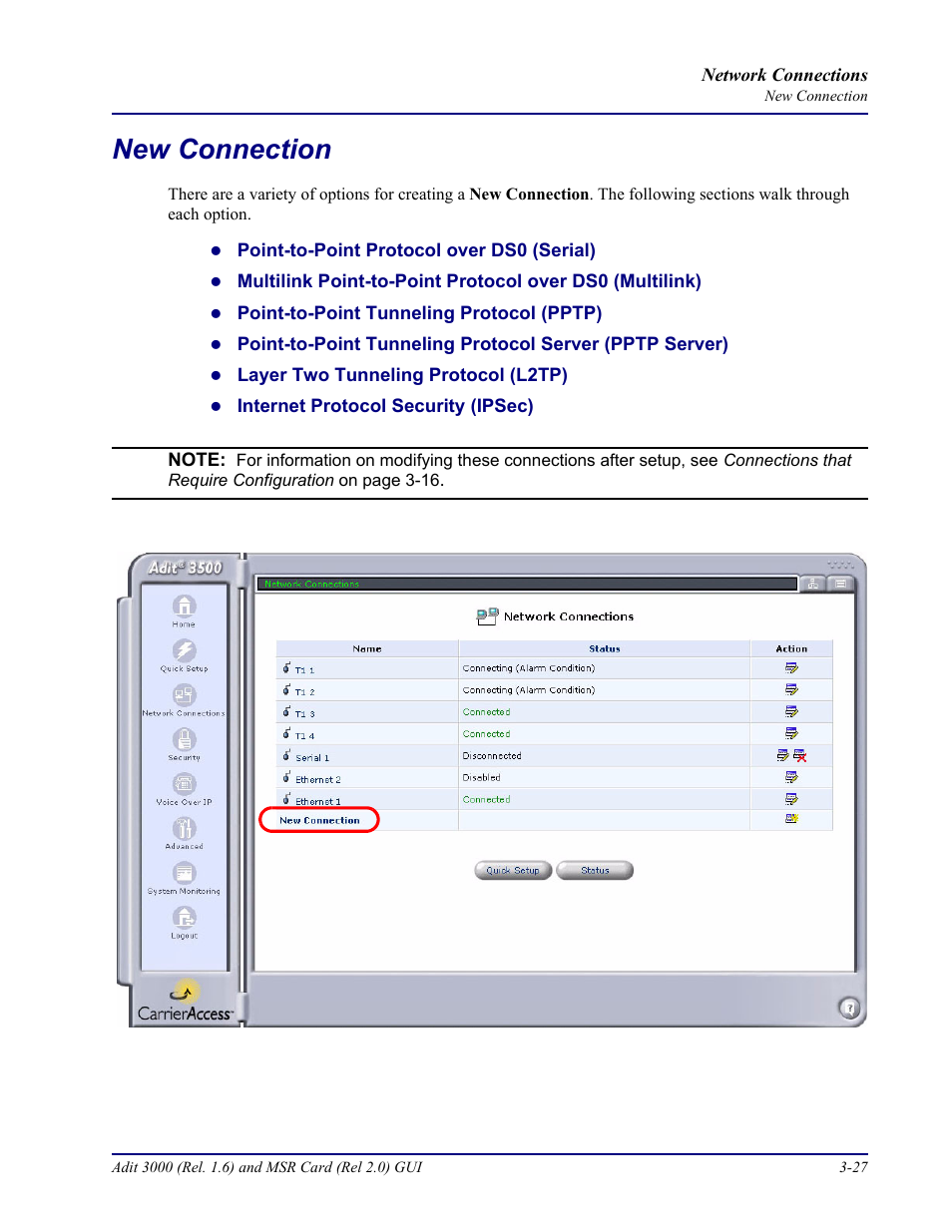 New connection, New connection -27 | Carrier Access Multi-Service Router (MSR) Card MSR/Adit 3K GUI User Manual | Page 137 / 262