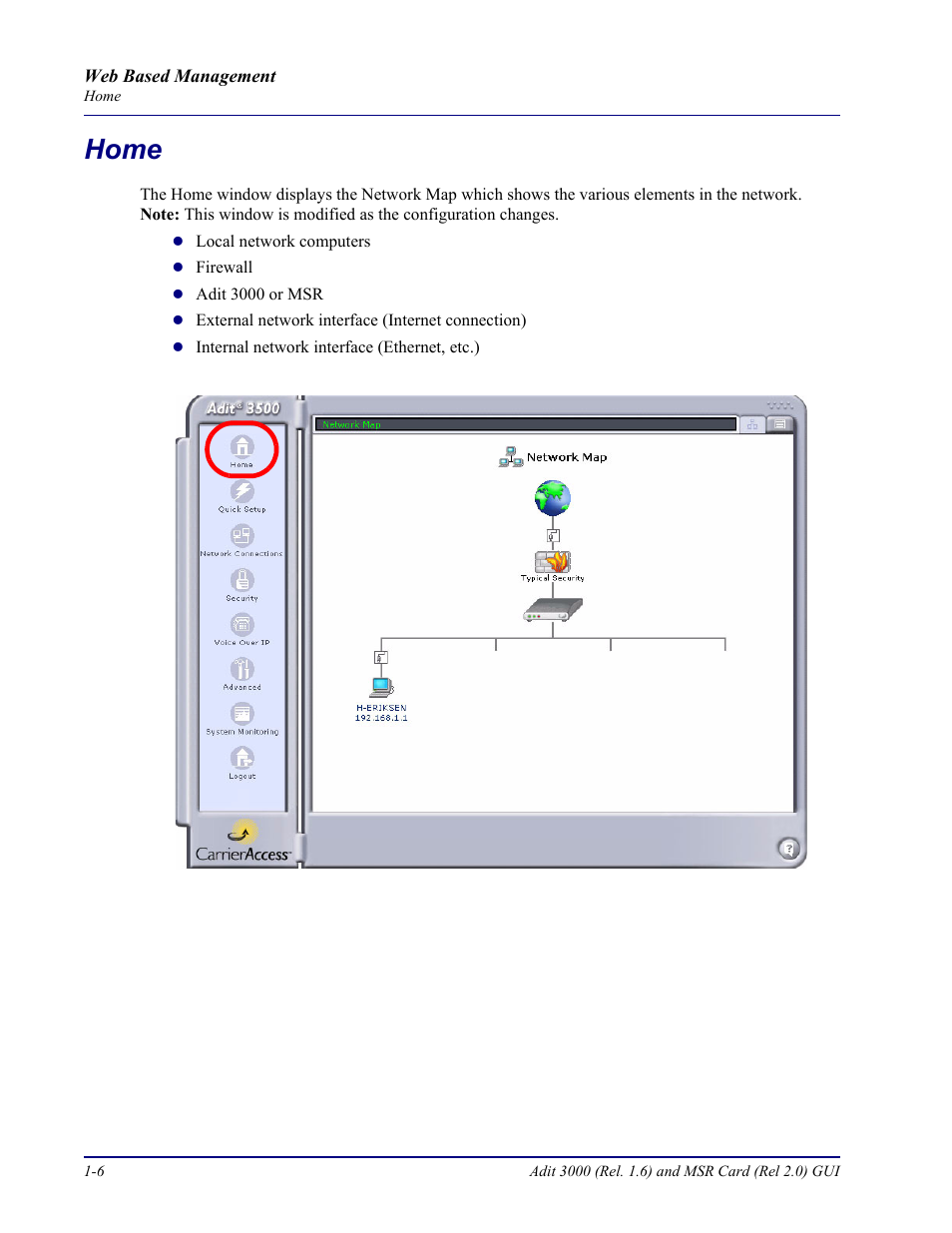 Home, Home -6 | Carrier Access Multi-Service Router (MSR) Card MSR/Adit 3K GUI User Manual | Page 14 / 262