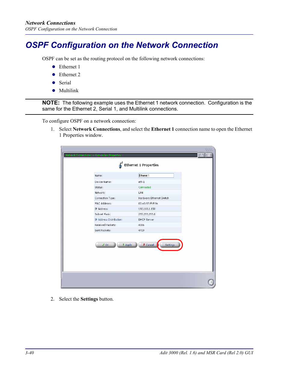 Ospf configuration on the network connection, Ospf configuration on the network connection -40 | Carrier Access Multi-Service Router (MSR) Card MSR/Adit 3K GUI User Manual | Page 150 / 262