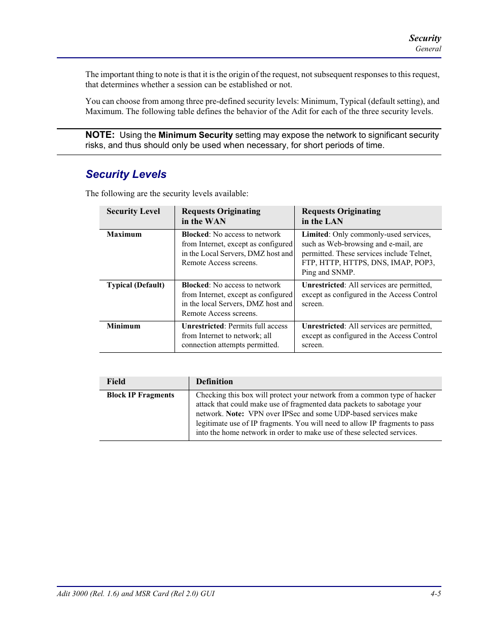 Security levels, Security levels -5 | Carrier Access Multi-Service Router (MSR) Card MSR/Adit 3K GUI User Manual | Page 159 / 262