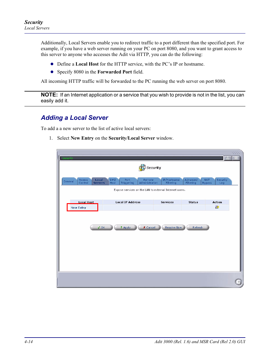 Adding a local server, Adding a local server -14 | Carrier Access Multi-Service Router (MSR) Card MSR/Adit 3K GUI User Manual | Page 168 / 262