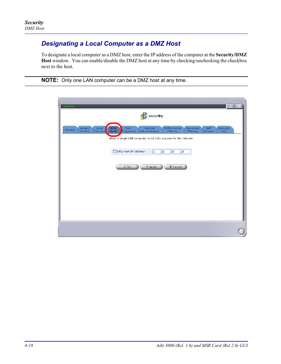 Designating a local computer as a dmz host, Designating a local computer as a dmz host -18 | Carrier Access Multi-Service Router (MSR) Card MSR/Adit 3K GUI User Manual | Page 172 / 262