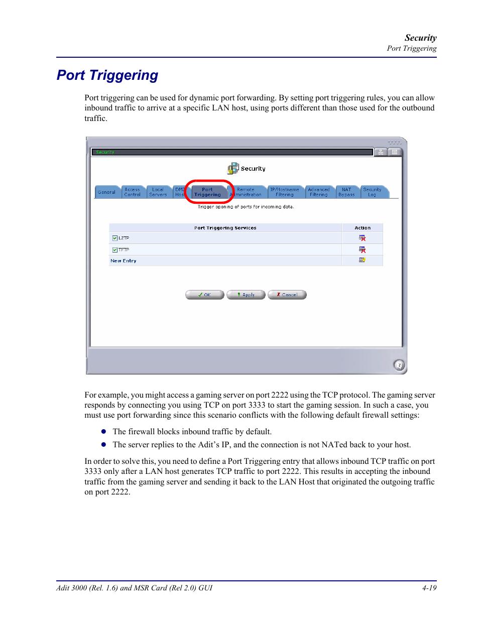 Port triggering, Port triggering -19 | Carrier Access Multi-Service Router (MSR) Card MSR/Adit 3K GUI User Manual | Page 173 / 262