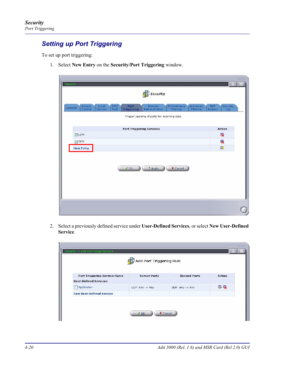 Setting up port triggering, Setting up port triggering -20 | Carrier Access Multi-Service Router (MSR) Card MSR/Adit 3K GUI User Manual | Page 174 / 262