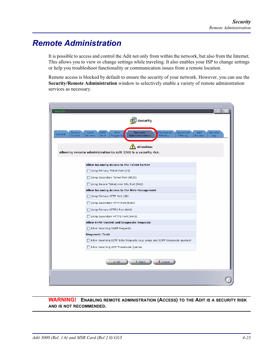 Remote administration, Remote administration -23 | Carrier Access Multi-Service Router (MSR) Card MSR/Adit 3K GUI User Manual | Page 177 / 262