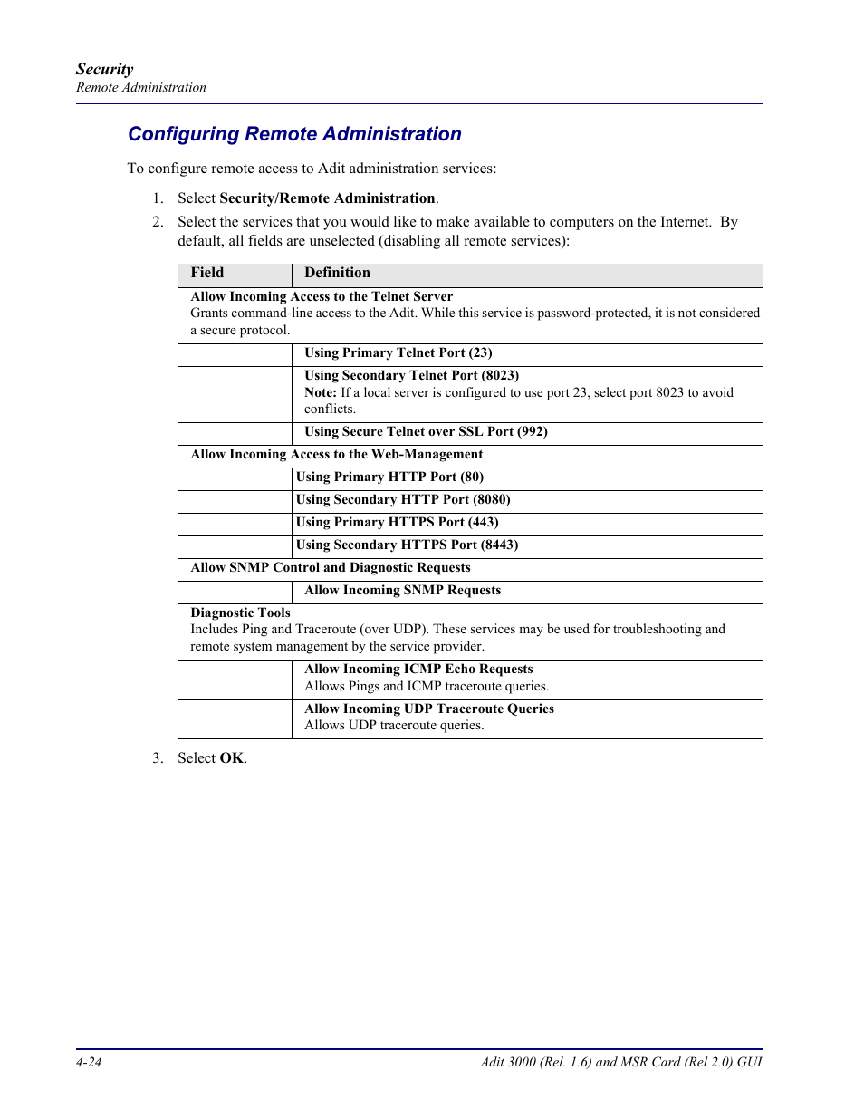 Configuring remote administration, Configuring remote administration -24 | Carrier Access Multi-Service Router (MSR) Card MSR/Adit 3K GUI User Manual | Page 178 / 262