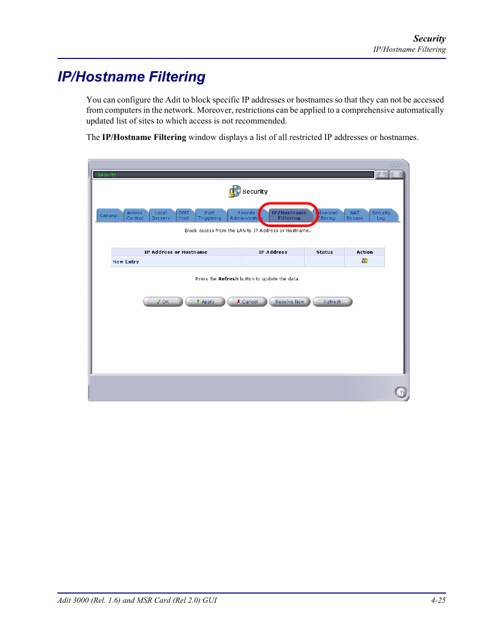 Ip/hostname filtering, Ip/hostname filtering -25 | Carrier Access Multi-Service Router (MSR) Card MSR/Adit 3K GUI User Manual | Page 179 / 262