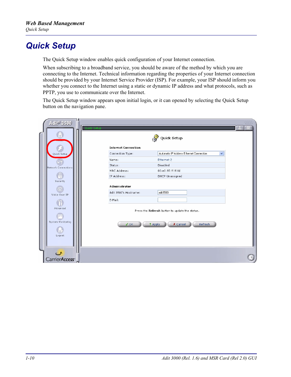 Quick setup, Quick setup -10 | Carrier Access Multi-Service Router (MSR) Card MSR/Adit 3K GUI User Manual | Page 18 / 262