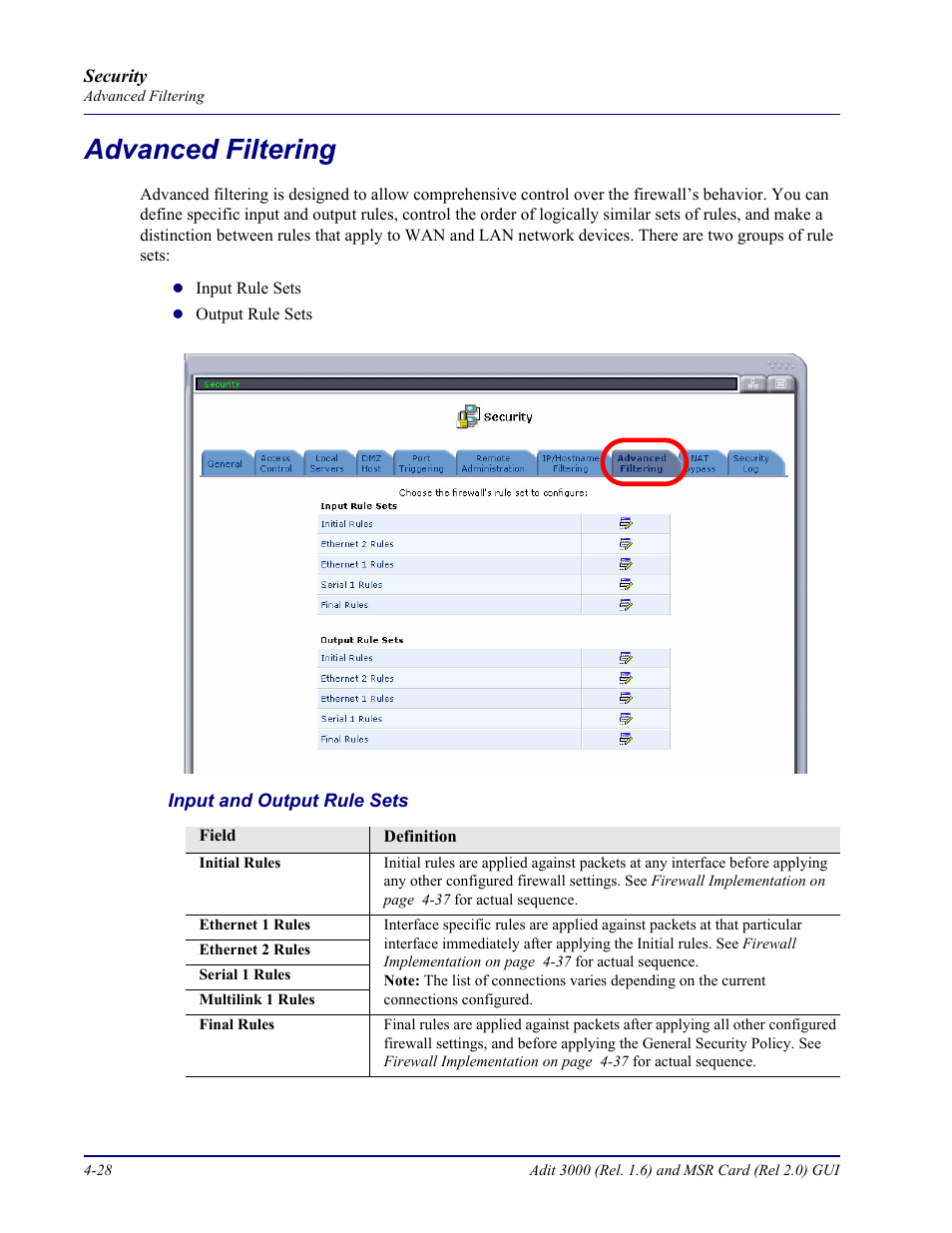 Advanced filtering, Advanced filtering -28 | Carrier Access Multi-Service Router (MSR) Card MSR/Adit 3K GUI User Manual | Page 182 / 262
