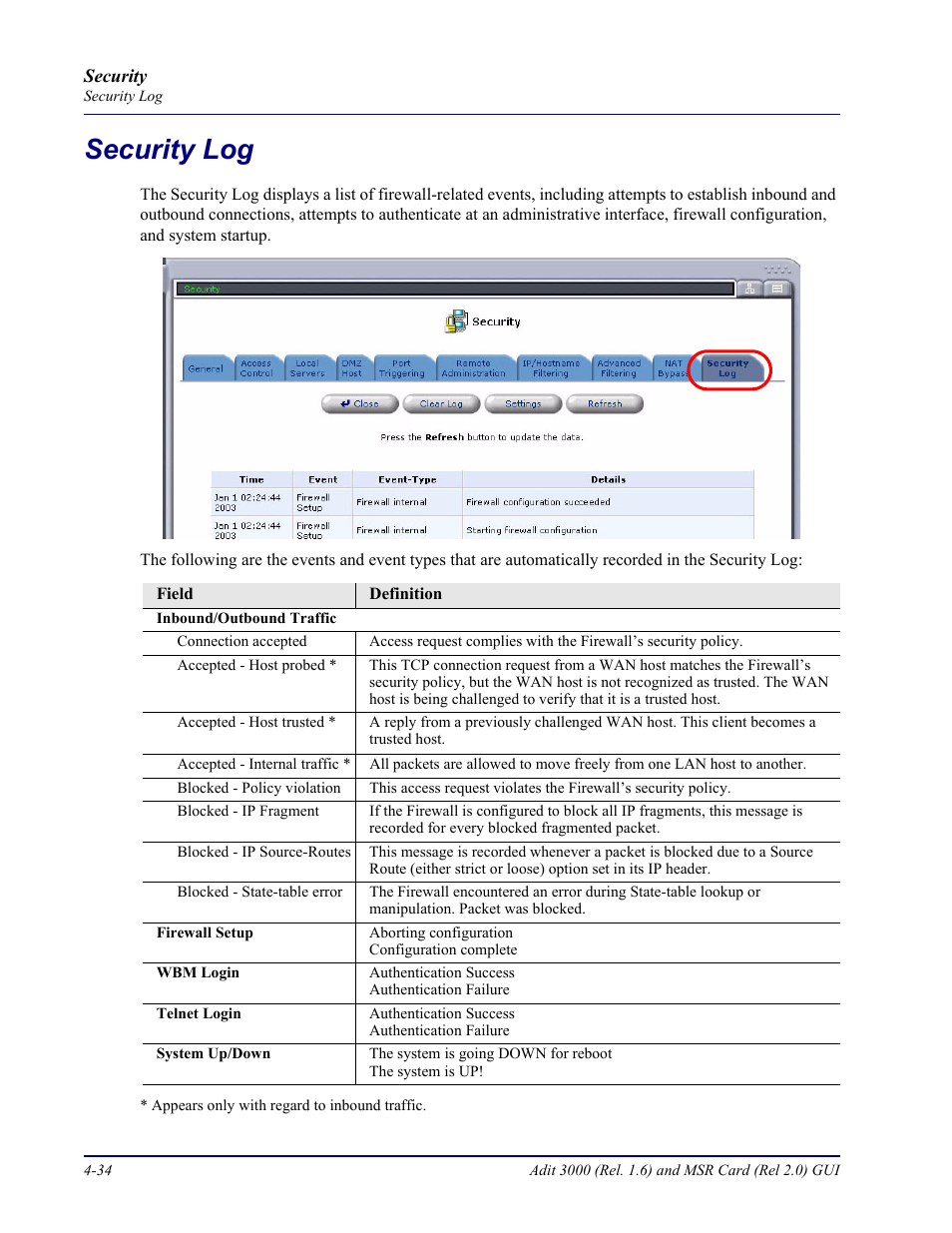 Security log, Security log -34 | Carrier Access Multi-Service Router (MSR) Card MSR/Adit 3K GUI User Manual | Page 188 / 262