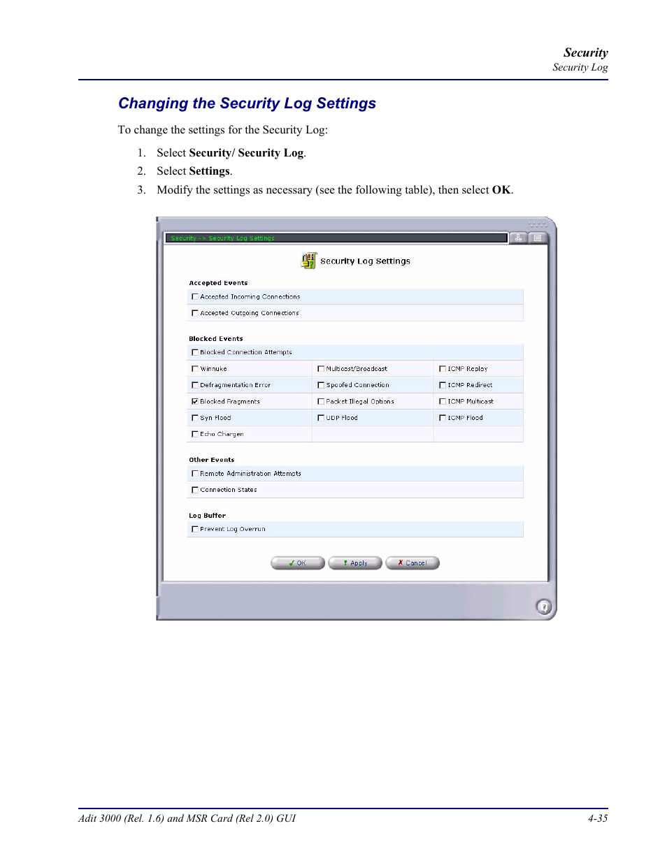 Changing the security log settings, Changing the security log settings -35 | Carrier Access Multi-Service Router (MSR) Card MSR/Adit 3K GUI User Manual | Page 189 / 262