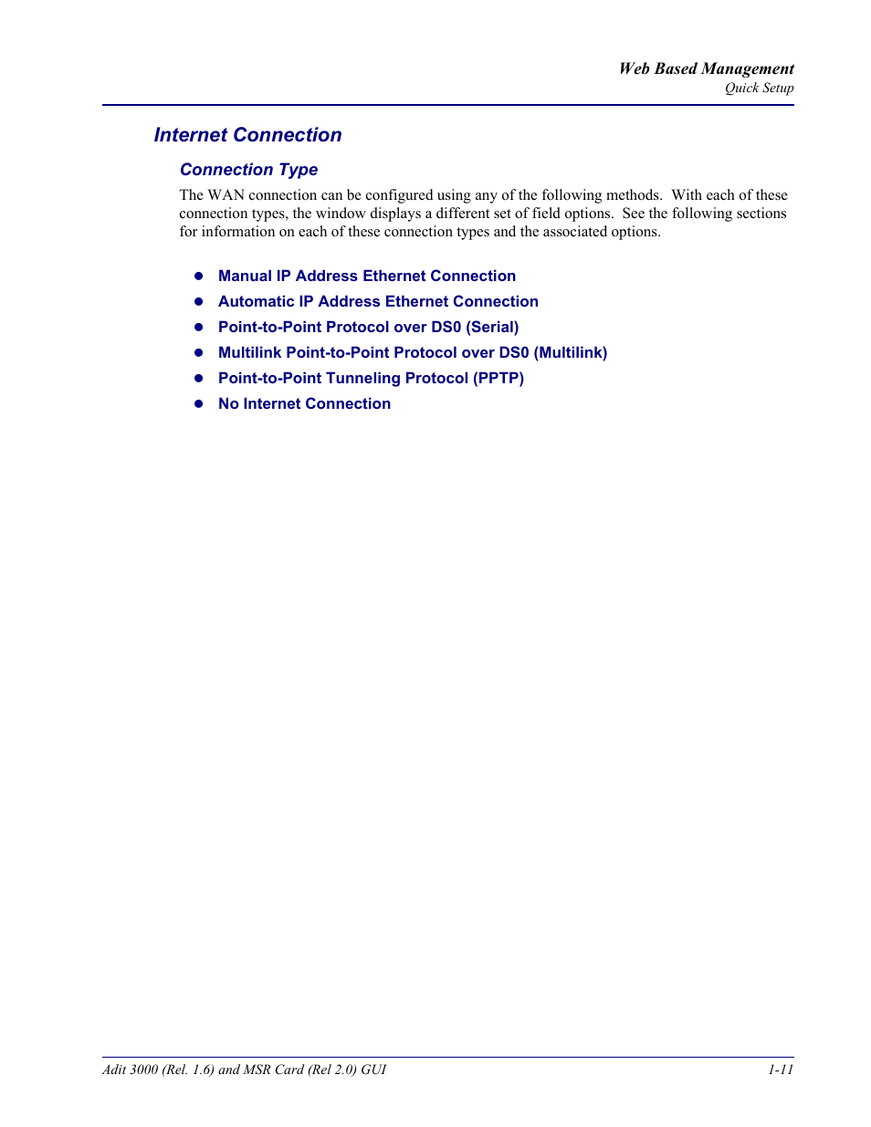 Internet connection, Internet connection -11 | Carrier Access Multi-Service Router (MSR) Card MSR/Adit 3K GUI User Manual | Page 19 / 262