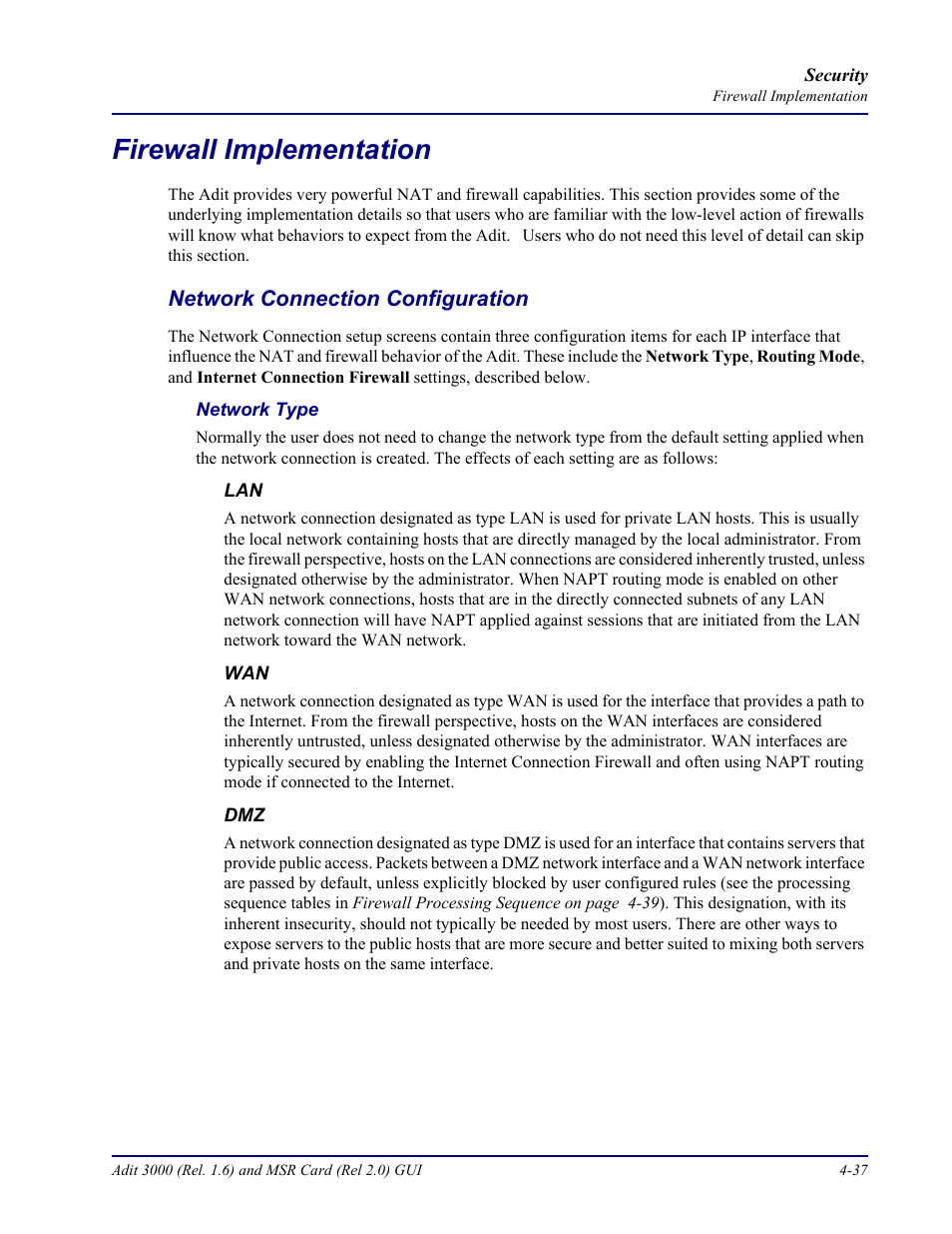 Firewall implementation, Network connection configuration, Firewall implementation -37 | Network connection configuration -37 | Carrier Access Multi-Service Router (MSR) Card MSR/Adit 3K GUI User Manual | Page 191 / 262