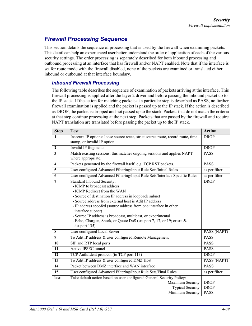 Firewall processing sequence, Firewall processing sequence -39 | Carrier Access Multi-Service Router (MSR) Card MSR/Adit 3K GUI User Manual | Page 193 / 262