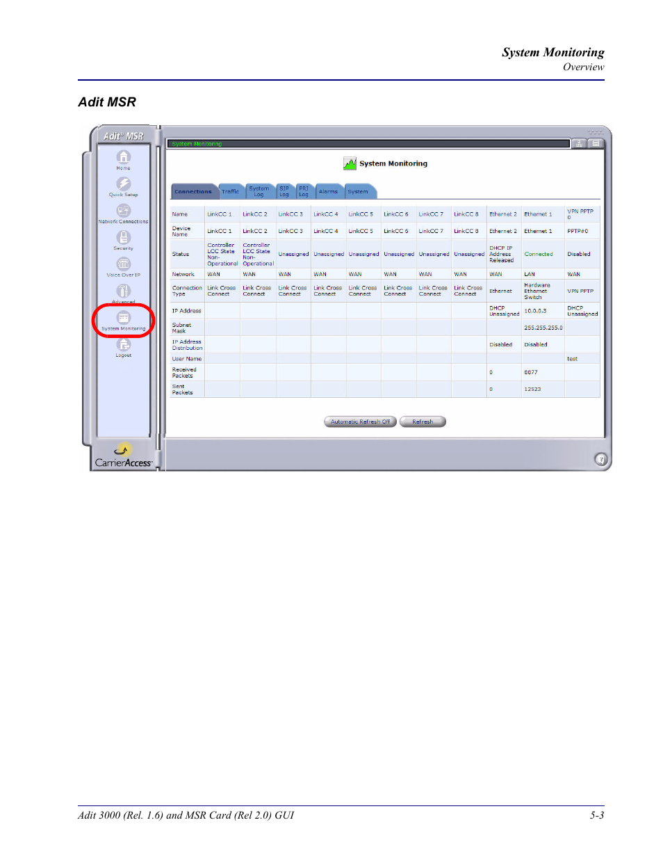 Carrier Access Multi-Service Router (MSR) Card MSR/Adit 3K GUI User Manual | Page 197 / 262