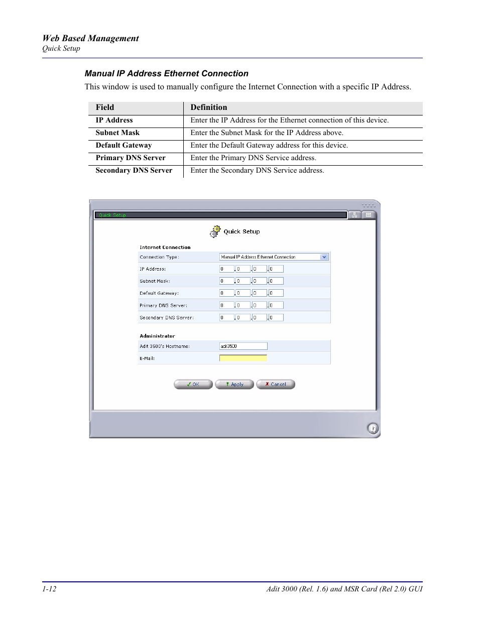 Manual ip address ethernet connection | Carrier Access Multi-Service Router (MSR) Card MSR/Adit 3K GUI User Manual | Page 20 / 262