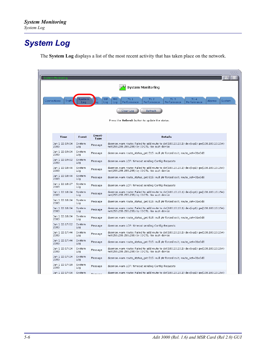 System log, System log -6 | Carrier Access Multi-Service Router (MSR) Card MSR/Adit 3K GUI User Manual | Page 200 / 262